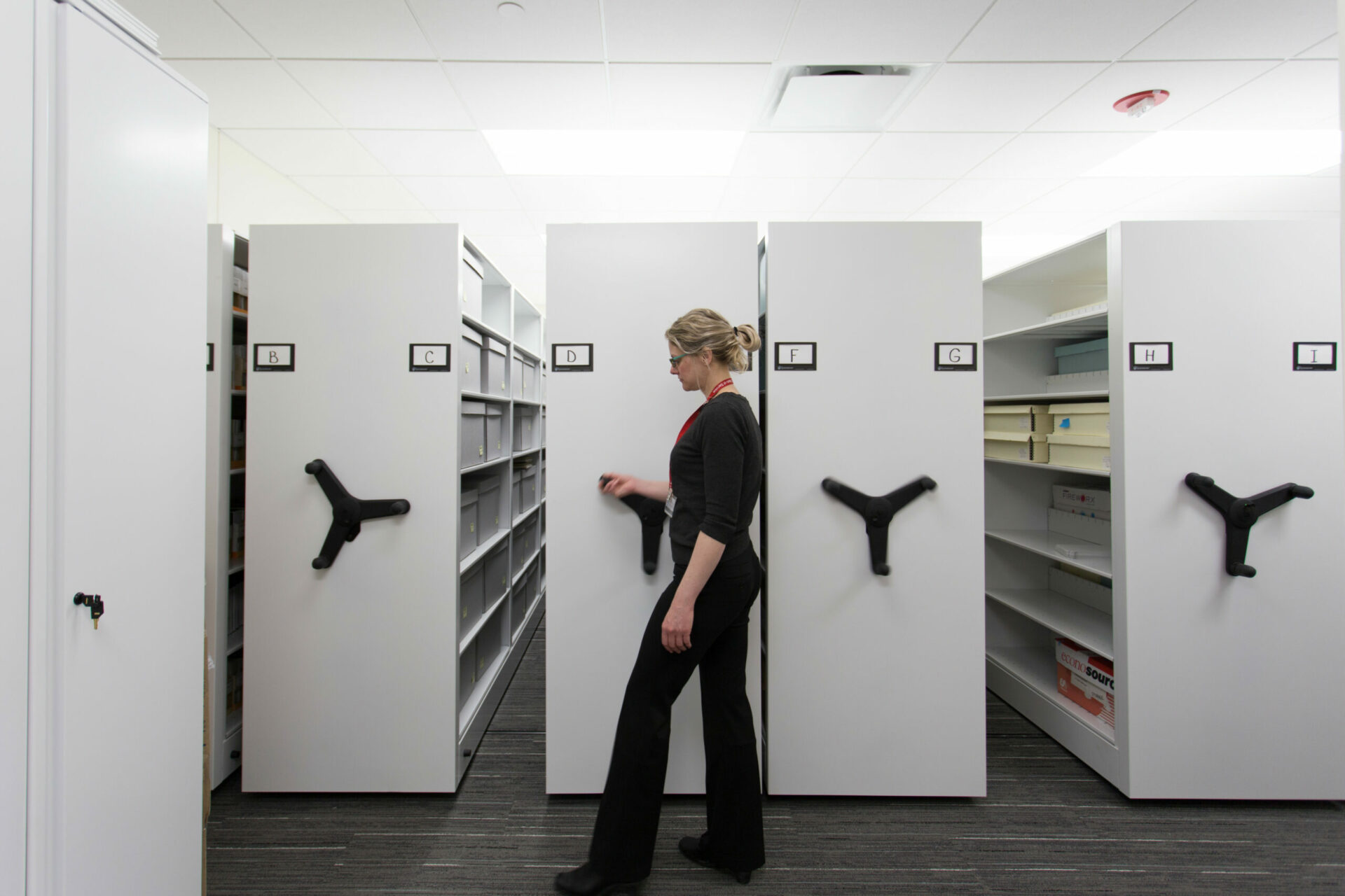 High-Density Mobile System Mechanical assist handle makes it easy to move the shelving to retrieve what you need